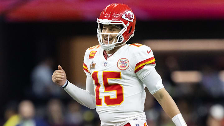 Feb 9, 2025; New Orleans, LA, USA;  Kansas City Chiefs quarterback Patrick Mahomes (15) reacts against the Philadelphia Eagles in Super Bowl LIX at Ceasars Superdome. Mandatory Credit: Mark J. Rebilas-Imagn Images