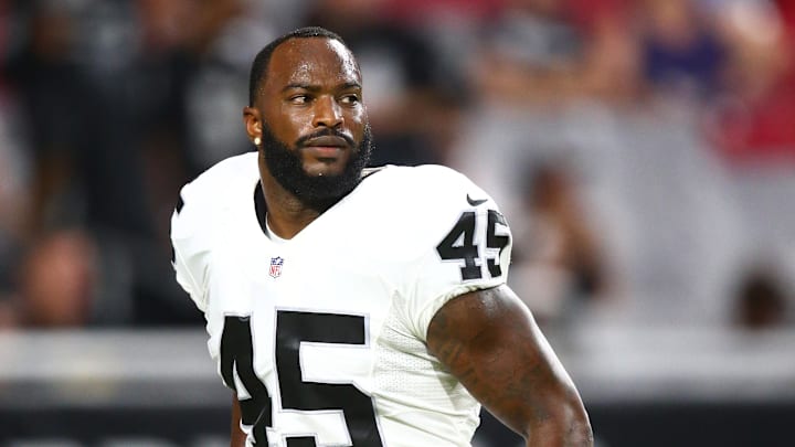 Aug 12, 2016; Glendale, AZ, USA; Oakland Raiders fullback Marcel Reece (45) against the Arizona Cardinals during a preseason game at University of Phoenix Stadium. Mandatory Credit: Mark J. Rebilas-Imagn Images