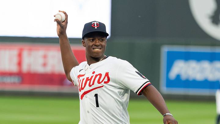Jul 24, 2026; Minneapolis, Minnesota, USA; Minnesota Twins 2026 first-round draft pick Vahn Lackey throws out a first pitch prior to the game against the Athletics at Target Field. Mandatory Credit: Jordan Johnson-Imagn Images