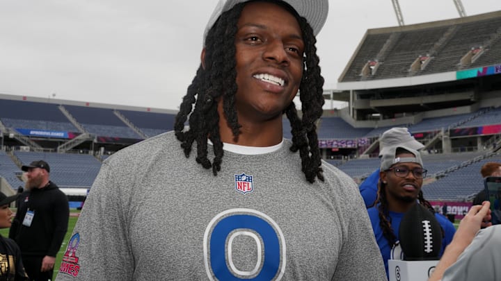Feb 1, 2025; Orlando, FL, USA; Carolina Panthers cornerback Jaycee Horn (8) during NFC Practice for the Pro Bowl Games at Camping World Stadium. 