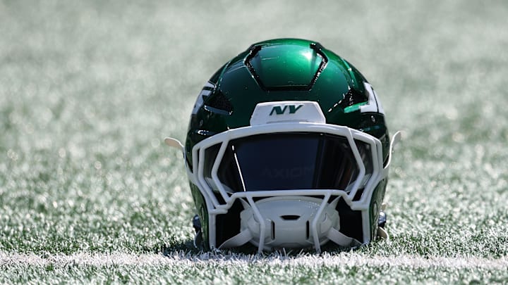 Sep 14, 2025; East Rutherford, New Jersey, USA; A New York Jets helmet sits on the field before the game against the Buffalo Bills at MetLife Stadium. Mandatory Credit: Vincent Carchietta-Imagn Images
