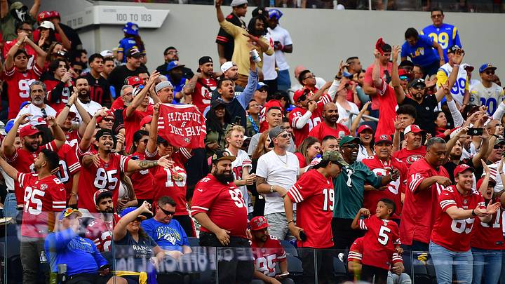 San Francisco 49ers fans cheer against the Los Angeles Rams at SoFi Stadium San Francisco 49ers fans cheer against the Los Angeles Rams at SoFi Stadium