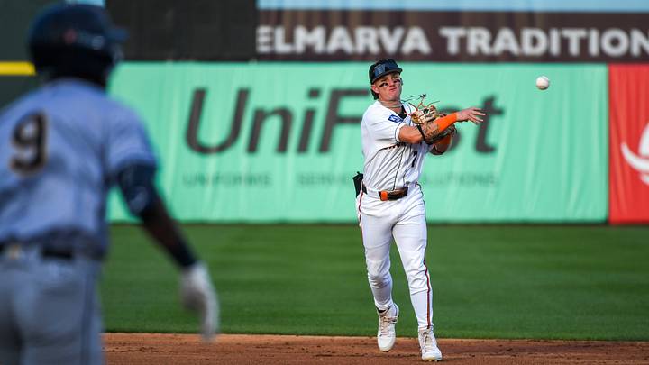 Shorebirds' Jaiden Lo Re (2) throws to first against the RiverDogs Tuesday, June 30, 2026, at Perdue Stadium in Salisbury, Maryland. The RiverDogs defeated the Shorebirds 5-0.