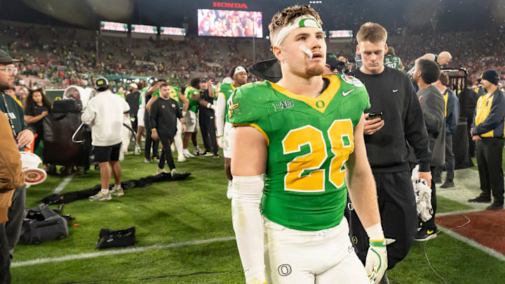 Oregon inside linebacker Bryce Boettcher walks off the field as the Oregon Ducks face the Ohio State Buckeyes Wednesday, Jan. 1, 2025, in the quarterfinal of the College Football Playoff at the Rose Bowl in Pasadena, Calif.