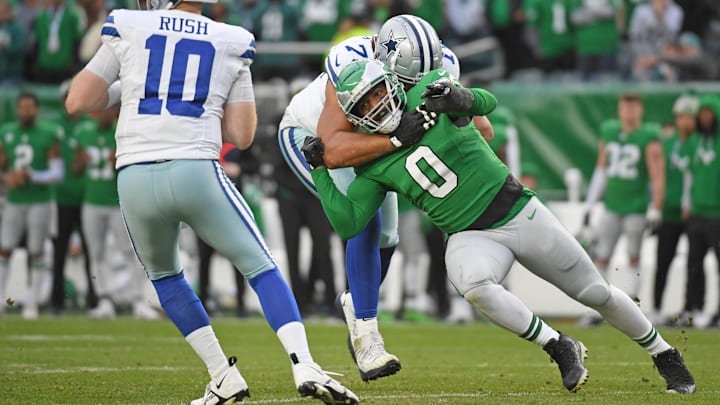 Dec 29, 2024; Philadelphia, Pennsylvania, USA; Philadelphia Eagles defensive end Bryce Huff (0) is blocked by Dallas Cowboys offensive tackle Terence Steele (78) tas he tries to rush the quarterback at Lincoln Financial Field. Mandatory Credit: Eric Hartline-Imagn Images Dec 29, 2024; Philadelphia, Pennsylvania, USA; Philadelphia Eagles defensive end Bryce Huff (0) is blocked by Dallas Cowboys offensive tackle Terence Steele (78) tas he tries to rush the quarterback at Lincoln Financial Field. Mandatory Credit: Eric Hartline-Imagn Images