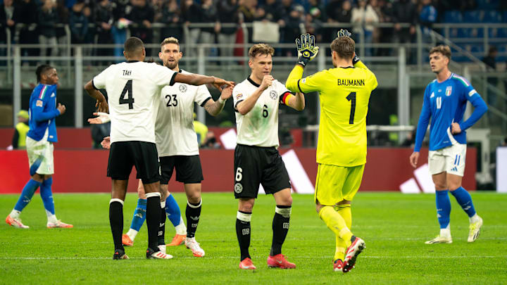 Joshua Kimmich (centre) celebrates a big first-leg win over Germany's European powerhouse rivals, Italy. Joshua Kimmich (centre) celebrates a big first-leg win over Germany's European powerhouse rivals, Italy.