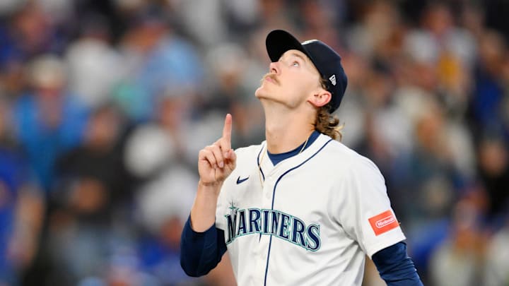 Oct 17, 2025; Seattle, Washington, USA; Seattle Mariners pitcher Bryce Miller (50) reacts after being pulled from the game against the Toronto Blue Jays during the fifth inning during game five of the ALCS round for the 2025 MLB playoffs at T-Mobile Park. Mandatory Credit: Steven Bisig-Imagn Images