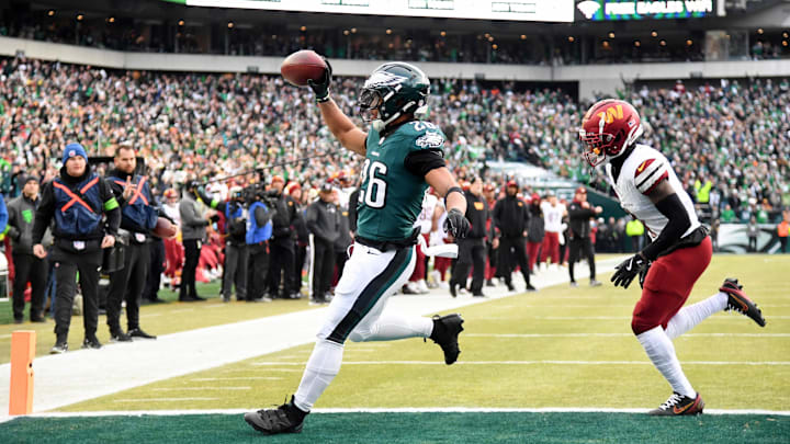 Jan 26, 2025; Philadelphia, PA, USA; Philadelphia Eagles running back Saquon Barkley (26) reacts after a touchdown against the Washington Commanders during the first half in the NFC Championship game at Lincoln Financial Field. Mandatory Credit: Eric Hartline-Imagn Images
