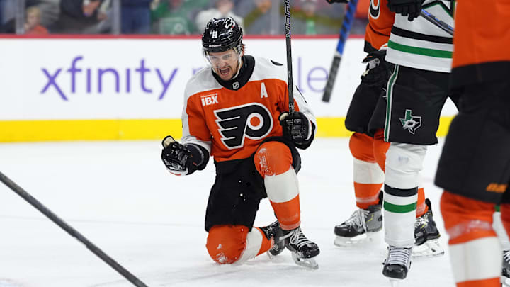 Mar 29, 2026; Philadelphia, Pennsylvania, USA; Philadelphia Flyers right wing Travis Konecny (11) reacts after scoring a goal against the Dallas Stars in the second period at Xfinity Mobile Arena. Mar 29, 2026; Philadelphia, Pennsylvania, USA; Philadelphia Flyers right wing Travis Konecny (11) reacts after scoring a goal against the Dallas Stars in the second period at Xfinity Mobile Arena.