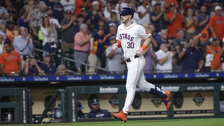 Sep 24, 2024; Houston, Texas, USA; Houston Astros right fielder Kyle Tucker (30) rounds the bases after hitting a home run against the Seattle Mariners in the fourth inning at Minute Maid Park. Sep 24, 2024; Houston, Texas, USA; Houston Astros right fielder Kyle Tucker (30) rounds the bases after hitting a home run against the Seattle Mariners in the fourth inning at Minute Maid Park.