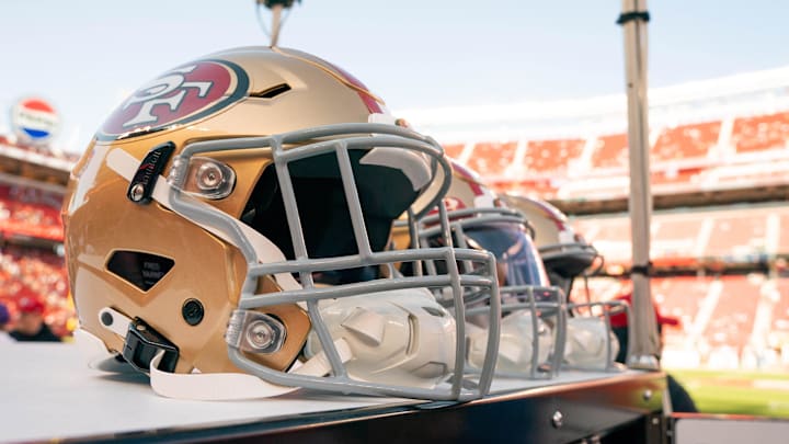 Aug 19, 2023; Santa Clara, California, USA;  General view of the San Francisco 49ers helmets before the start of the first quarter against the Denver Broncos at Levi's Stadium. Mandatory Credit: Stan Szeto-USA TODAY Sports
