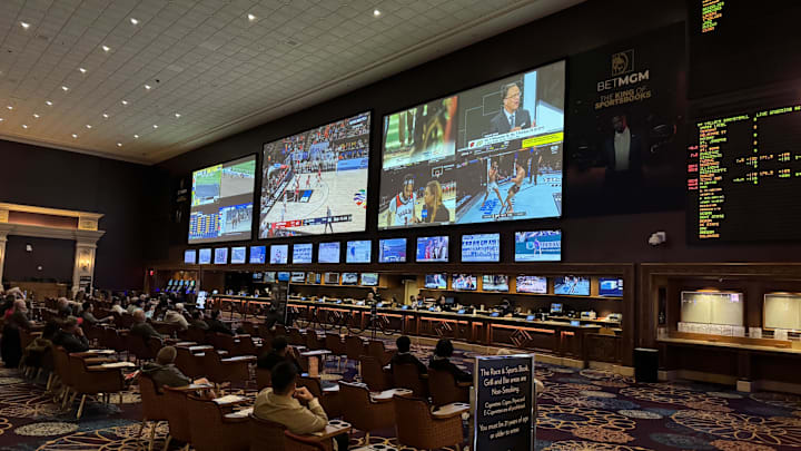 Mar 16, 2024; Las Vegas, NV, USA; The BetMGM Sportsbook at the Mandalay Bay resort and casino. Mandatory Credit: Kirby Lee-Imagn Images