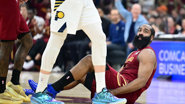 Apr 5, 2026; Cleveland, Ohio, USA; Cleveland Cavaliers guard James Harden (1) reacts after making a three point basket during the first half against the Indiana Pacers at Rocket Arena. Mandatory Credit: Ken Blaze-Imagn Images Apr 5, 2026; Cleveland, Ohio, USA; Cleveland Cavaliers guard James Harden (1) reacts after making a three point basket during the first half against the Indiana Pacers at Rocket Arena. Mandatory Credit: Ken Blaze-Imagn Images