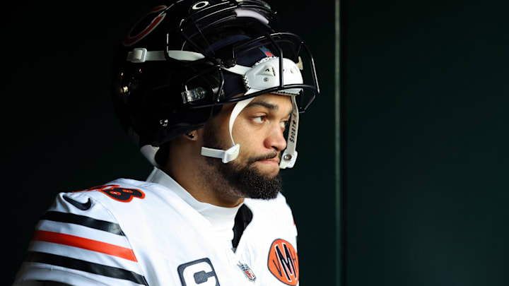 Nov 28, 2025; Philadelphia, Pennsylvania, USA; Chicago Bears quarterback Caleb Williams (18) looks on during warmups prior to the game against the Philadelphia Eagles at Lincoln Financial Field.