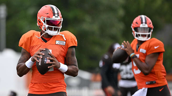 Aug 5, 2024; Cleveland Browns quarterback Deshaun Watson (4) and quarterback Jameis Winston (5) looks to pass during practice at the Browns training facility in Berea, Ohio. Mandatory Credit: Bob Donnan-Imagn Images