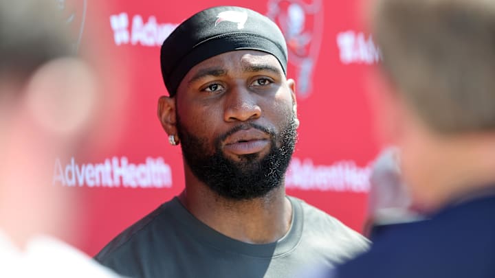 Jun 11, 2025; Tampa, FL, USA; Tampa Bay Buccaneers linebacker Haason Reddick (5) talks with media after minicamp at One Buc Place. Mandatory Credit: Kim Klement Neitzel-Imagn Images