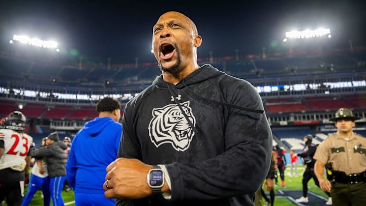 Tennessee State head coach Eddie George reacts after his win against Southeast Missouri State for the 2024 Big South-OVC Championship at Nissan Stadium in Nashville, Tenn., Saturday, Nov. 23, 2024.