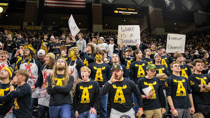 Dec 8, 2024; Columbia, Missouri, USA; The Antlers, a Missouri basketball student heckling group, boo at the Kansas Jayhawks before the game. Dec 8, 2024; Columbia, Missouri, USA; The Antlers, a Missouri basketball student heckling group, boo at the Kansas Jayhawks before the game.
