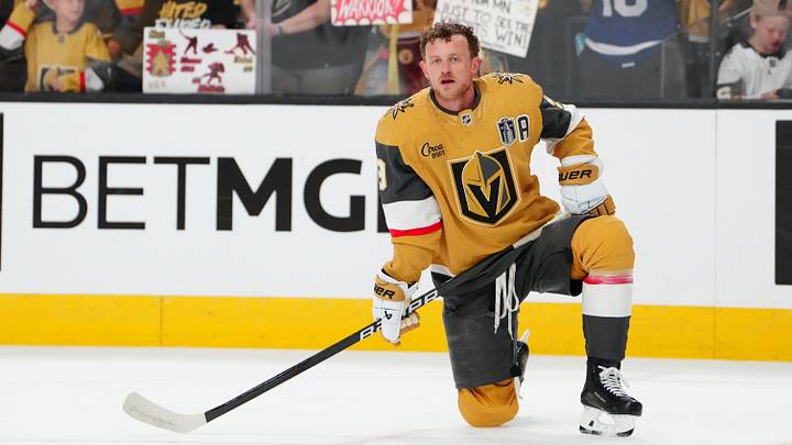 Jun 9, 2026; Las Vegas, Nevada, USA; Vegas Golden Knights center Jack Eichel (9) warms up before game four of the 2026 Stanley Cup Final against the Carolina Hurricanes at T-Mobile Arena. Mandatory Credit: Stephen R. Sylvanie-Imagn Images