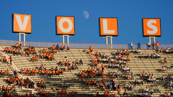 The moon raises behind the VOLS sign before a game between Tennessee and Florida in Neyland Stadium, in Knoxville, Tenn., Oct. 12, 2024.