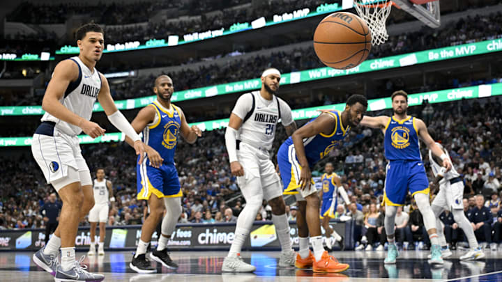 Mar 13, 2024; Dallas, Texas, USA; Golden State Warriors guard Chris Paul (3) and forward Andrew Wiggins (22) and guard Klay Thompson (11) and Dallas Mavericks guard Josh Green (8) and center Daniel Gafford (21) watch the ball go out of bounds during the first half at the American Airlines Center. Mandatory Credit: Jerome Miron-USA TODAY Sports Mar 13, 2024; Dallas, Texas, USA; Golden State Warriors guard Chris Paul (3) and forward Andrew Wiggins (22) and guard Klay Thompson (11) and Dallas Mavericks guard Josh Green (8) and center Daniel Gafford (21) watch the ball go out of bounds during the first half at the American Airlines Center. Mandatory Credit: Jerome Miron-USA TODAY Sports