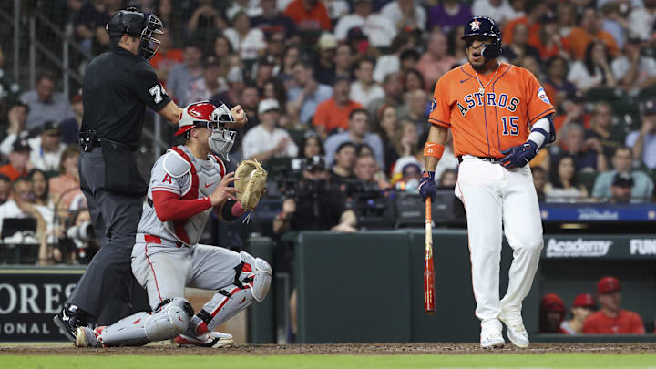 Mar 27, 2026; Houston, Texas, USA; Houston Astros designated hitter Isaac Paredes (15) reacts after a called third strike dur