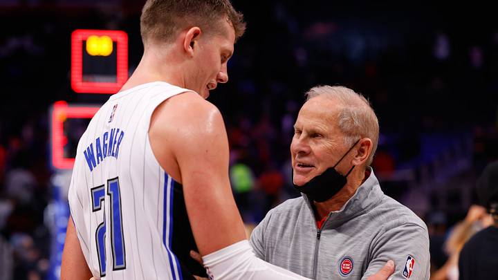 Oct 30, 2021; Detroit, Michigan, USA; Orlando Magic center Moritz Wagner (21) talks to John Beilein Detroit Pistons Senior Advisor of Player Development after the game at Little Caesars Arena. Mandatory Credit: Rick Osentoski-USA TODAY Sports Oct 30, 2021; Detroit, Michigan, USA; Orlando Magic center Moritz Wagner (21) talks to John Beilein Detroit Pistons Senior Advisor of Player Development after the game at Little Caesars Arena. Mandatory Credit: Rick Osentoski-USA TODAY Sports