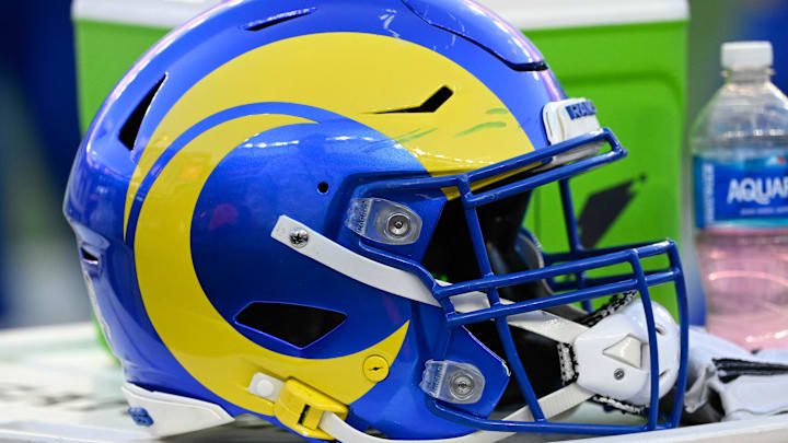 Nov 17, 2024; Foxborough, Massachusetts, USA; A Los Angeles Rams helmet sits on a cooler during the second half against the New England Patriots at Gillette Stadium. Mandatory Credit: Eric Canha-Imagn Images Nov 17, 2024; Foxborough, Massachusetts, USA; A Los Angeles Rams helmet sits on a cooler during the second half against the New England Patriots at Gillette Stadium. Mandatory Credit: Eric Canha-Imagn Images