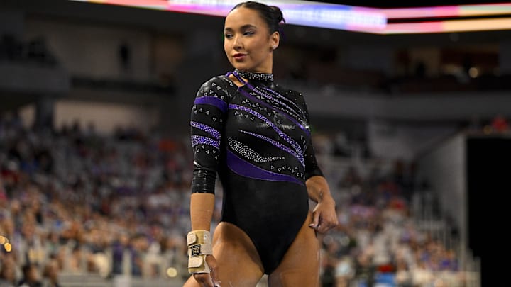 LSU Tigers gymnast Aleah Finnegan performs on floor exercise during the 2025 Women's National Gymnastics Semifinal at Dickies Arena.