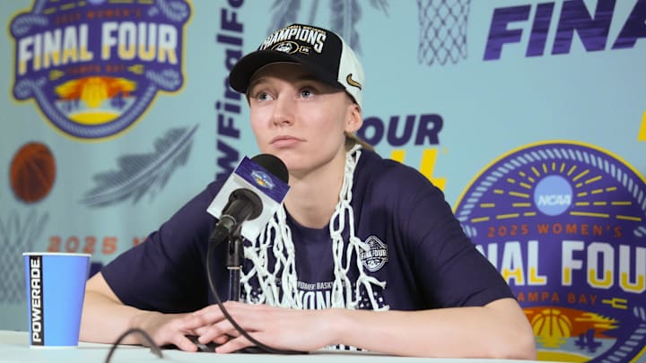 Apr 6, 2025; Tampa, FL, USA; Connecticut Huskies guard Paige Bueckers (5) speaks to the media after the national championship of the women's 2025 NCAA tournament against the South Carolina Gamecocks at Amalie Arena. Mandatory Credit: Kirby Lee-Imagn Images