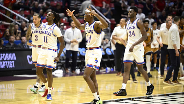 Mar 20, 2026; San Diego, CA, USA; Kansas Jayhawks guard Melvin Council Jr. (14) reacts in the first half against the California Baptist Lancers during a first round game of the men's 2026 NCAA Tournament at Viejas Arena. Mandatory Credit: Denis Poroy-Imagn Images Mar 20, 2026; San Diego, CA, USA; Kansas Jayhawks guard Melvin Council Jr. (14) reacts in the first half against the California Baptist Lancers during a first round game of the men's 2026 NCAA Tournament at Viejas Arena. Mandatory Credit: Denis Poroy-Imagn Images