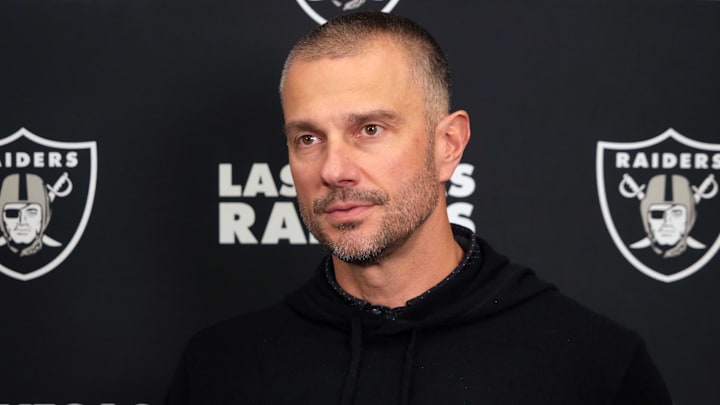 Feb 25, 2025; Indianapolis, IN, USA; Las Vegas Raiders general manager John Spytek on radio row during the NFL Scouting Combine at the Indiana Convention Center. Mandatory Credit: Kirby Lee-Imagn Images