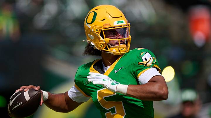 Sep 5, 2026; Eugene, Oregon, USA; Oregon Ducks quarterback Dante Moore (5) warms up before a game against the Boise State Broncos at Autzen Stadium. Mandatory Credit: Troy Wayrynen-Imagn Images Sep 5, 2026; Eugene, Oregon, USA; Oregon Ducks quarterback Dante Moore (5) warms up before a game against the Boise State Broncos at Autzen Stadium. Mandatory Credit: Troy Wayrynen-Imagn Images