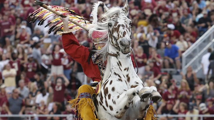 Oct 26, 2019; Tallahassee, FL, USA; Florida State Seminoles mascots Chief Osceola rides Renegade during the third quarter as Florida State hosts Syracuse at Doak Campbell Stadium. Mandatory Credit: Glenn Beil-Imagn Images