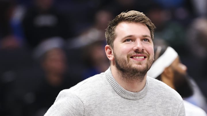 Jan 7, 2025; Dallas, Texas, USA; Dallas Mavericks guard Luka Doncic laughs during a timeout during the first half against the Los Angeles Lakers at American Airlines Center. Mandatory Credit: Kevin Jairaj-Imagn Images Jan 7, 2025; Dallas, Texas, USA; Dallas Mavericks guard Luka Doncic laughs during a timeout during the first half against the Los Angeles Lakers at American Airlines Center. Mandatory Credit: Kevin Jairaj-Imagn Images