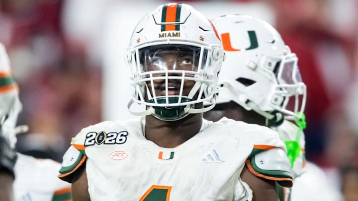 Jan 19, 2026; Miami Gardens, FL, USA; Miami Hurricanes defensive lineman Rueben Bain Jr. (4) against the Indiana Hoosiers during the College Football Playoff National Championship game at Hard Rock Stadium. Mandatory Credit: Mark J. Rebilas-Imagn Images