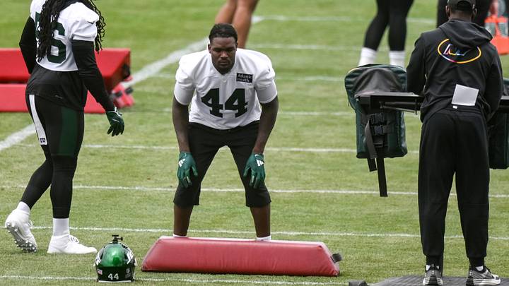 Jun 10, 2026; Florham Park, NY, USA; New York Jets linebacker Jamien Sherwood (44) participates in a drill during minicamp at Atlantic Health Jets Training Center. Mandatory Credit: John Jones-Imagn Images