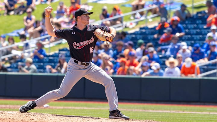 Gamecocks pitcher Dylan Eskew (16) comes into the game in the bottom of the third inning against Florida. The Gators beat the Gamecocks 11-9 in Game 3 of the weekend series at Condron Family Ballpark in Gainesville, Florida, Sunday, April 14, 2024. [Cyndi Chambers/ Gainesville Sun] 2024