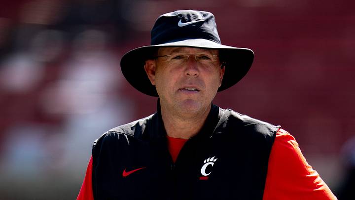 Cincinnati Bearcats head coach Scott Satterfield looks on during UC football training camp at Nippert Stadium in Cincinnati on Wednesday, Aug. 5, 2026.