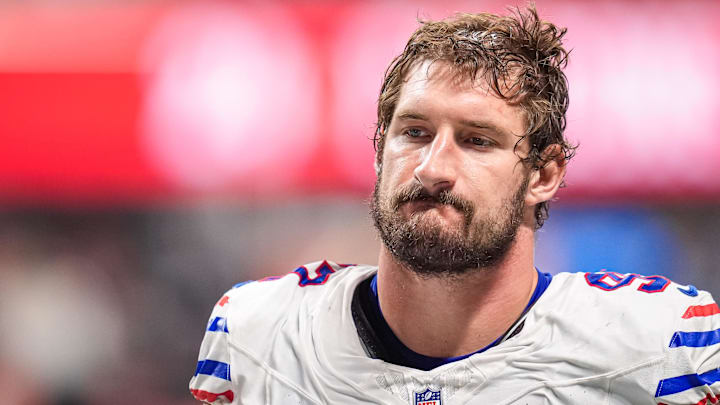 Oct 13, 2025; Atlanta, Georgia, USA; Buffalo Bills defensive end Joey Bosa (97) on the field against the Atlanta Falcons at Mercedes-Benz Stadium. 