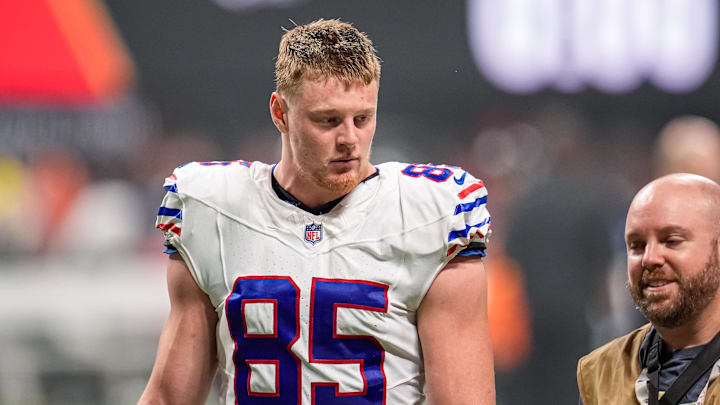 Oct 13, 2025; Atlanta, Georgia, USA; Buffalo Bills tight end Jackson Hawes (85) on the field against the Atlanta Falcons at Mercedes-Benz Stadium.