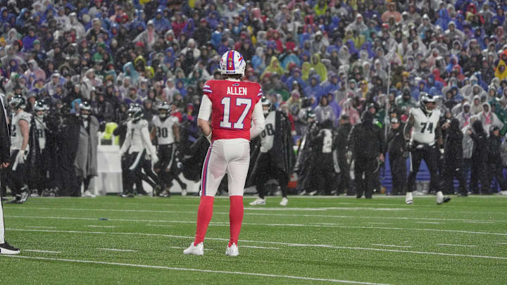 Buffalo Bills quarterback Josh Allen waits on the field to see if the officials will call the play an incomplete pass or a fumble during first half action against the Philadelphia Eagles at Highmark Stadium in Orchard Park on Dec. 28, 2025. It was called a fumble.