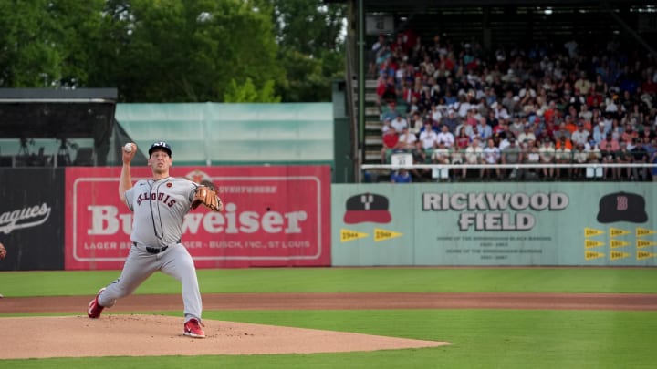 Jun 20, 2024; Fairfield, Alabama, USA; St. Louis Cardinals pitcher Andre Pallante (53) throws during the 1st inning against the San Francisco Giants in the MLB at Rickwood Field tribute game to the Negro Leagues. Rickwood Field is the oldest baseball stadium in America.