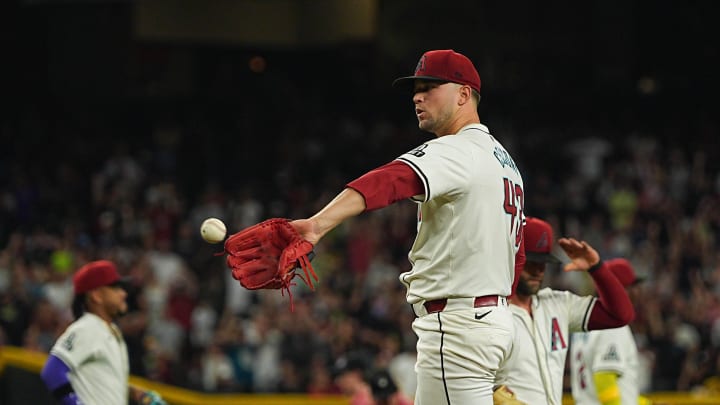 Jun 28, 2024; Phoenix, Arizona, USA; Arizona Diamondbacks pitcher Slade Cecconi (43) prepares to pitch in the fourth inning against the Oakland Athletics at Chase Field. Mandatory Credit: Allan Henry-USA TODAY Sports