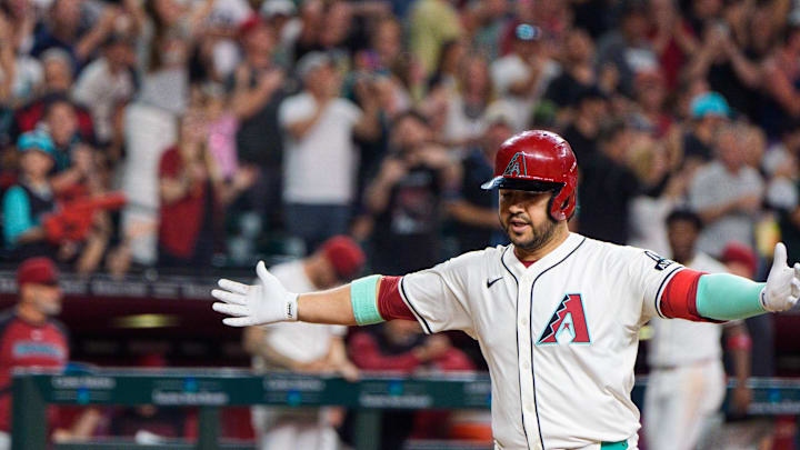 Apr 26, 2025; Phoenix, Arizona, USA; Arizona Diamondbacks infielder Eugenio Suarez (28) reacts after hitting his fourth home run of the game against the Atlanta Braves during the ninth inning at Chase Field. Mandatory Credit: Allan Henry-Imagn Images Apr 26, 2025; Phoenix, Arizona, USA; Arizona Diamondbacks infielder Eugenio Suarez (28) reacts after hitting his fourth home run of the game against the Atlanta Braves during the ninth inning at Chase Field. Mandatory Credit: Allan Henry-Imagn Images