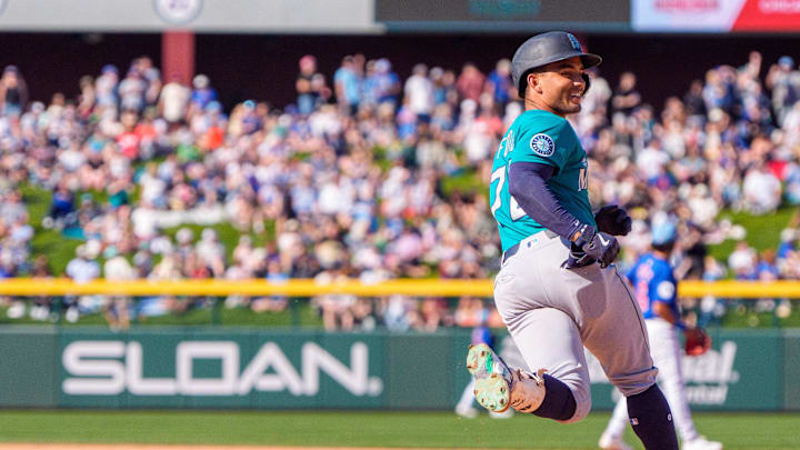 Seattle Mariners catcher Harry Ford reacts after hitting a home run against the Chicago Cubs on March 8 at Sloan Park. Seattle Mariners catcher Harry Ford reacts after hitting a home run against the Chicago Cubs on March 8 at Sloan Park.
