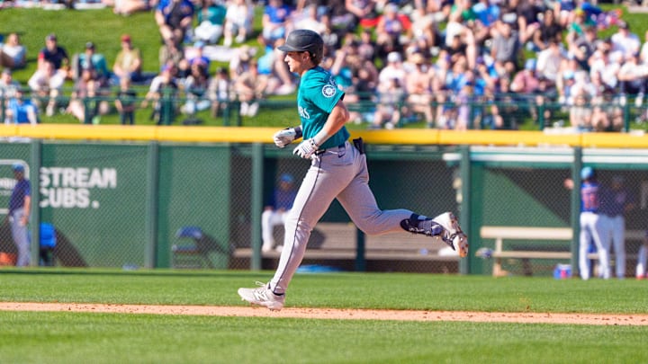 Seattle Mariners infielder Colt Emerson runs after a home run during a spring training game against the Chicago Cubs on March 8 at Sloan Park.