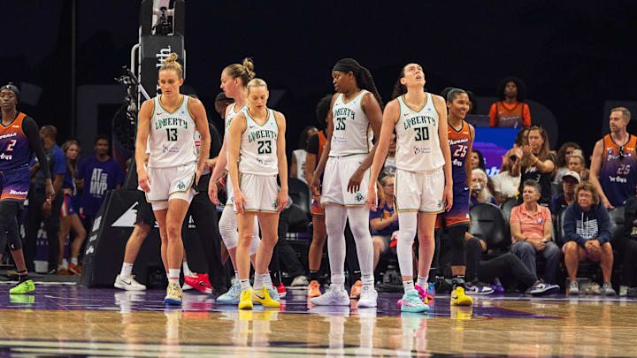 Aug 30, 2025; Phoenix, Arizona, USA; A general view as players from the New York Liberty react late in the second half during a game against the Phoenix Mercury at Footprint Center. Mandatory Credit: Allan Henry-Imagn Images