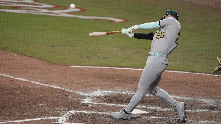 National League designated hitter Brent Rooker (25) of the Athletics hits a home run during the swing off after the 2025 MLB All Star Game ended in a tie.