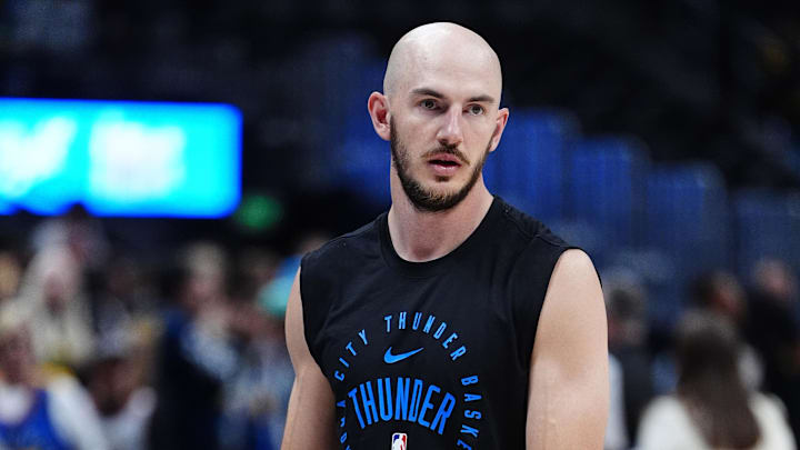 Oct 24, 2024; Denver, Colorado, USA; Oklahoma City Thunder guard Alex Caruso (9) before the game against the Denver Nuggets at Ball Arena. Mandatory Credit: Ron Chenoy-Imagn Images